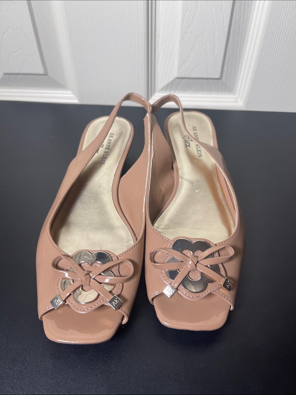 Anne Klein Blush Patent Slingback Peep-Toe Flats with Bow Accent